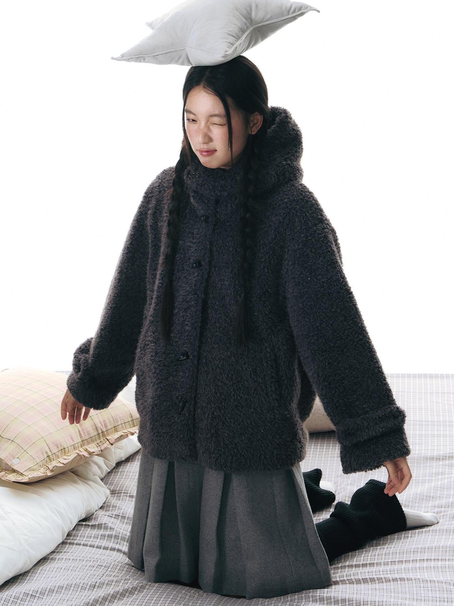 NAPSNAPS Lamb Fleece Hooded Toggle Detachable Oversized Women&