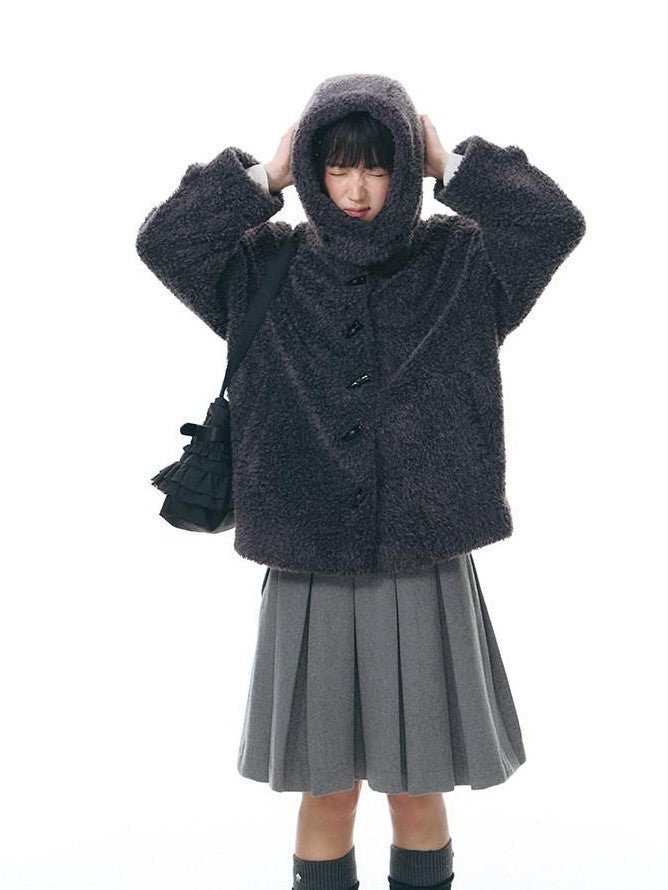 NAPSNAPS Lamb Fleece Hooded Toggle Detachable Oversized Women&