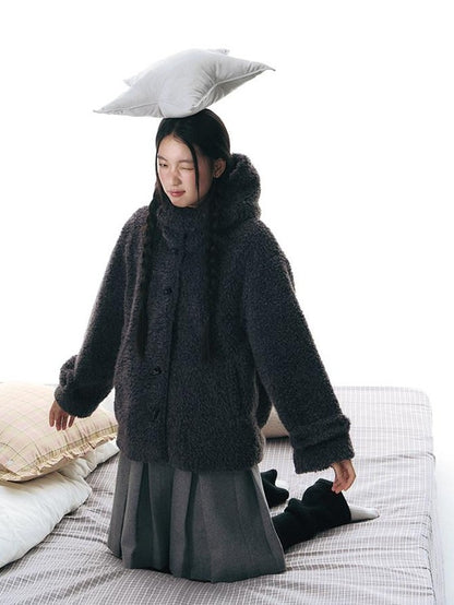 NAPSNAPS Lamb Fleece Hooded Toggle Detachable Oversized Women&