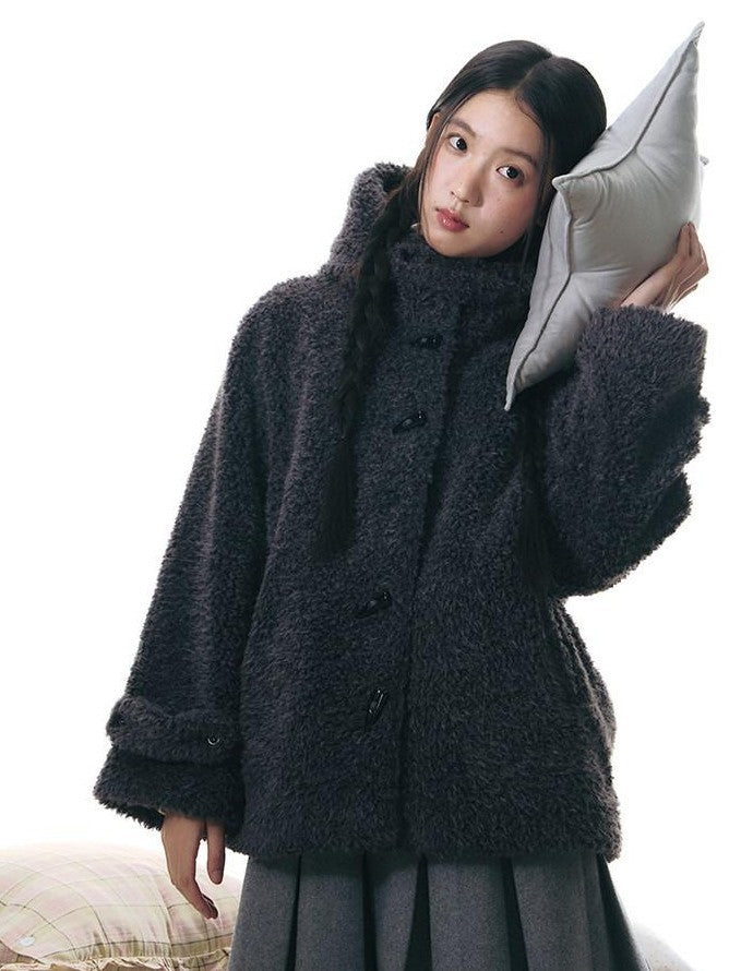 NAPSNAPS Lamb Fleece Hooded Toggle Detachable Oversized Women&