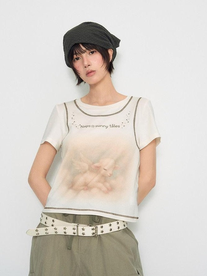 NAPSNAPS Lamb Print Faux Layer Contrast Shoulder Women&