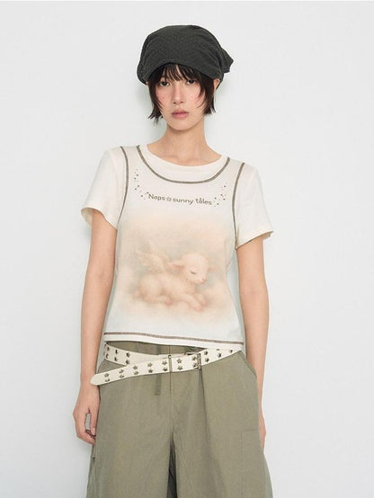NAPSNAPS Lamb Print Faux Layer Contrast Shoulder Women&