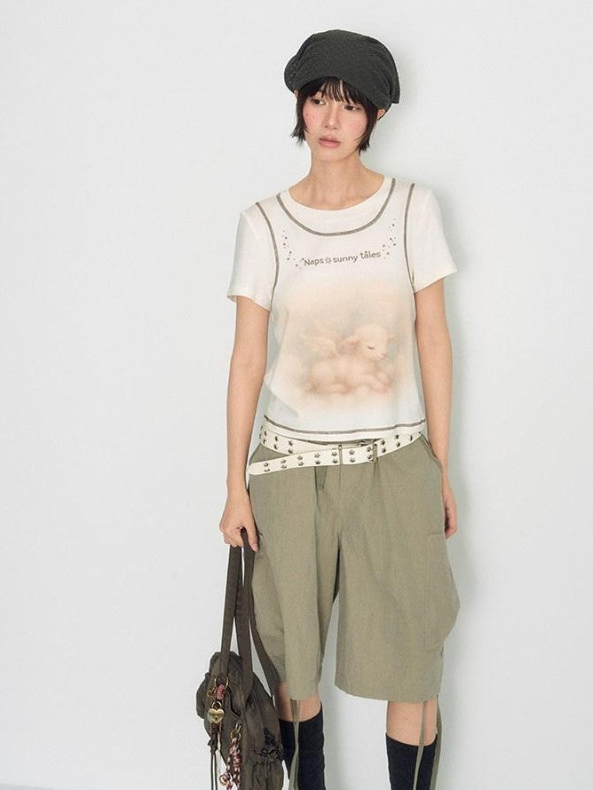 NAPSNAPS Lamb Print Faux Layer Contrast Shoulder Women&