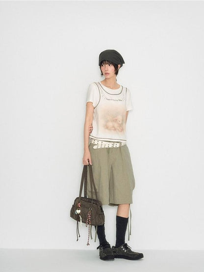 NAPSNAPS Lamb Print Faux Layer Contrast Shoulder Women&