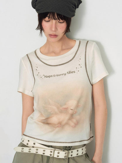 NAPSNAPS Lamb Print Faux Layer Contrast Shoulder Women&