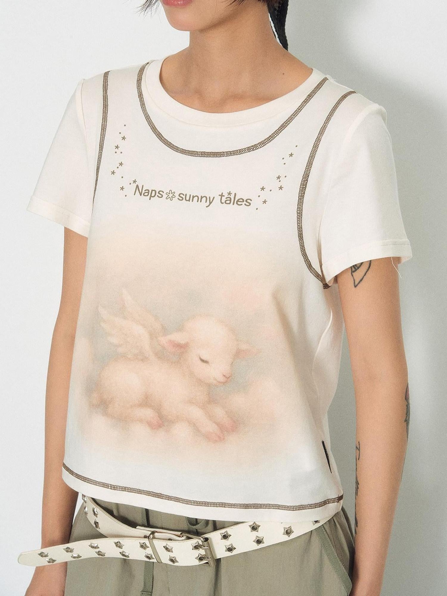 NAPSNAPS Lamb Print Faux Layer Contrast Shoulder Women&
