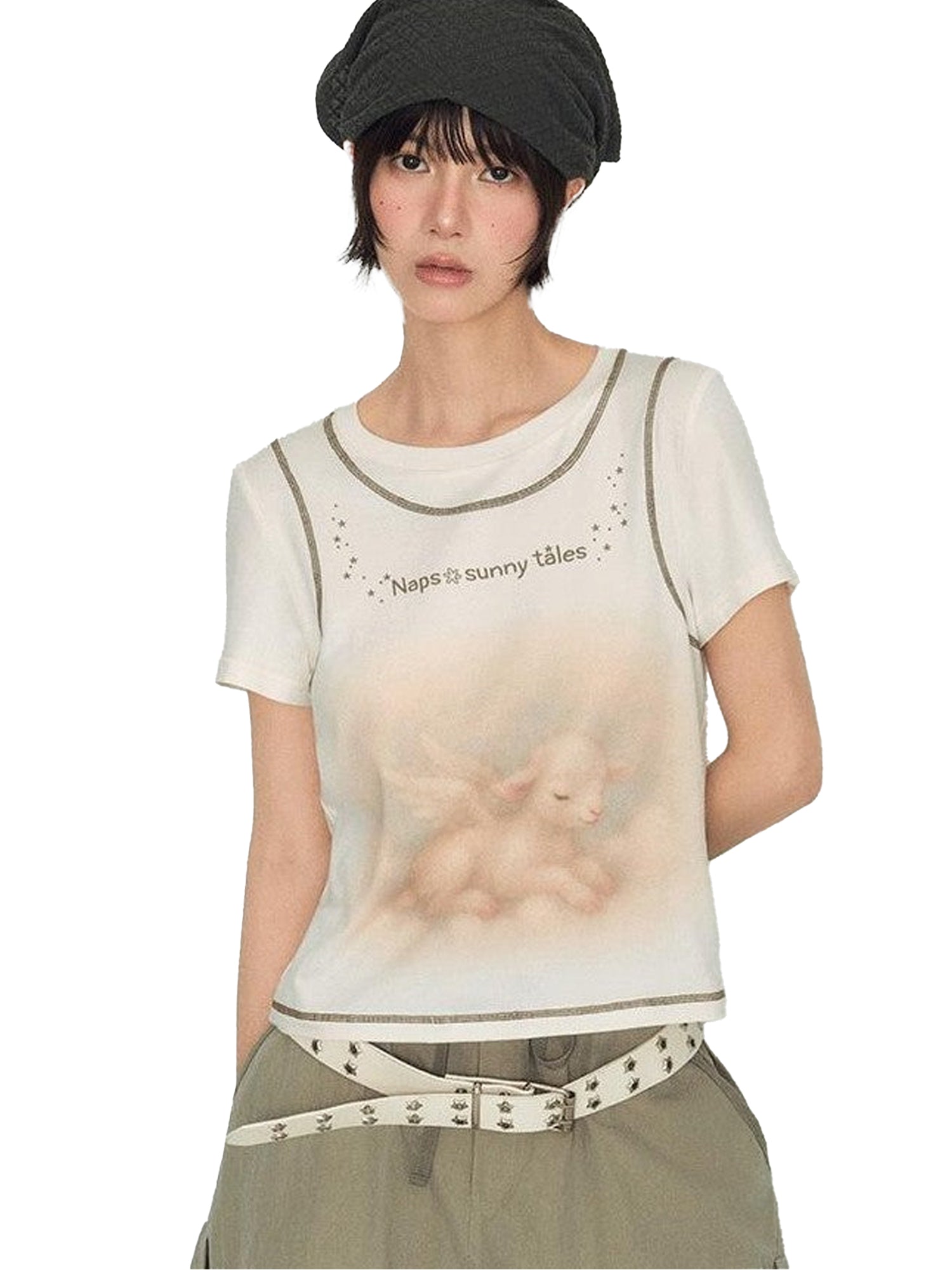 NAPSNAPS Lamb Print Faux Layer Contrast Shoulder Women&