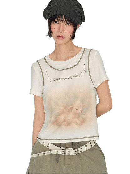 NAPSNAPS Lamb Print Faux Layer Contrast Shoulder Women&