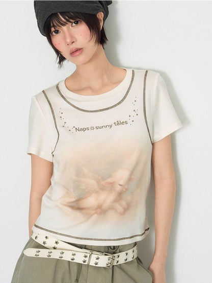 NAPSNAPS Lamb Print Faux Layer Contrast Shoulder Women&