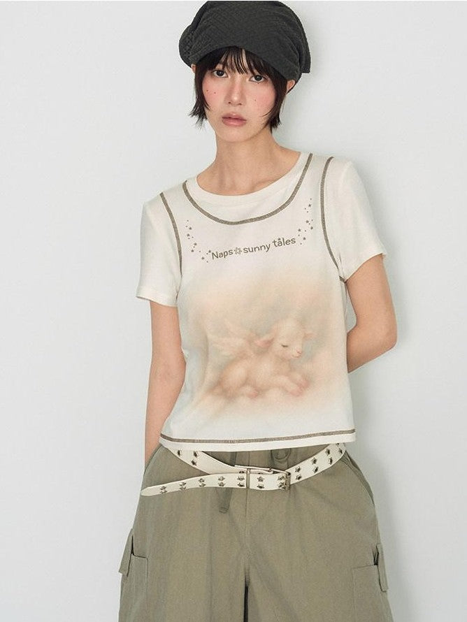 NAPSNAPS Lamb Print Faux Layer Contrast Shoulder Women&