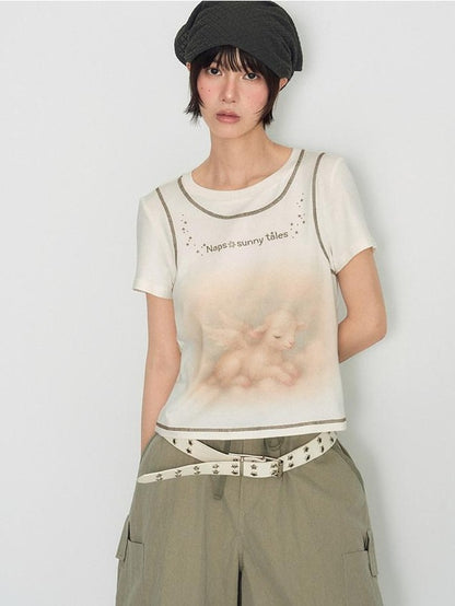 NAPSNAPS Lamb Print Faux Layer Contrast Shoulder Women&
