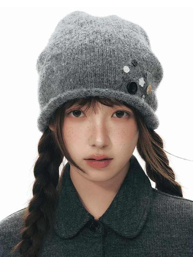 NAPSNAPS Light Gray Handmade Button Rolled Brim High Top Women&