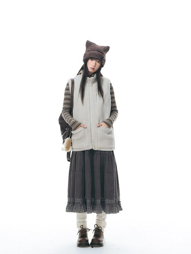 NAPSNAPS Light Gray Lambswool Patch Embroidered Stand Collar Women&