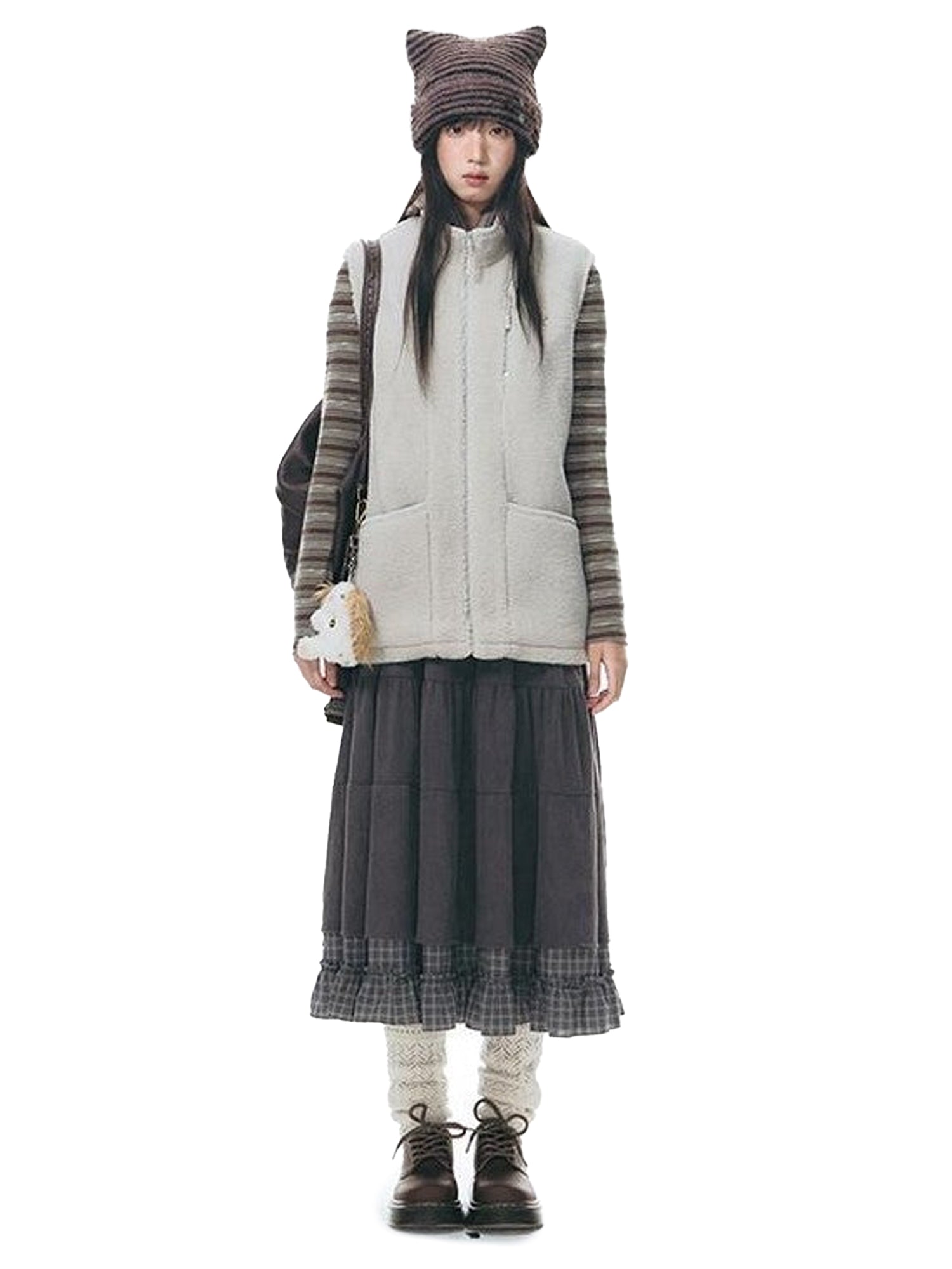 NAPSNAPS Light Gray Lambswool Patch Embroidered Stand Collar Women&