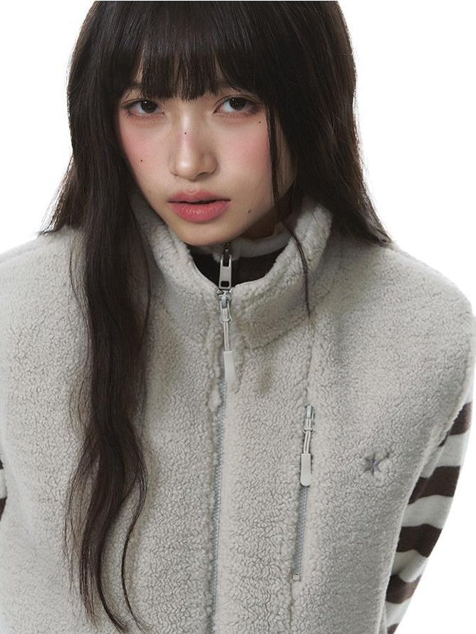 NAPSNAPS Light Gray Lambswool Patch Embroidered Stand Collar Women&