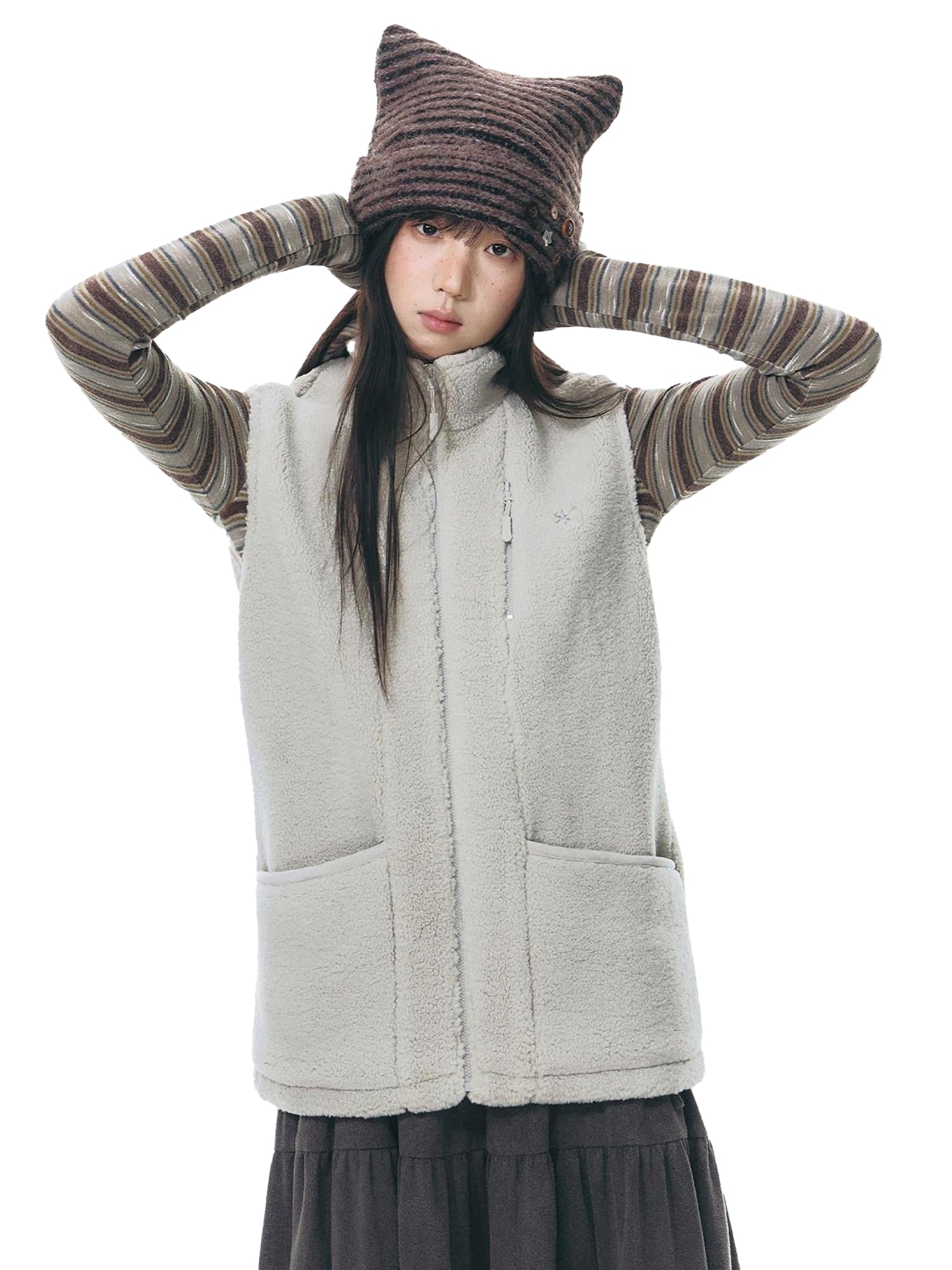 NAPSNAPS Light Gray Lambswool Patch Embroidered Stand Collar Women&