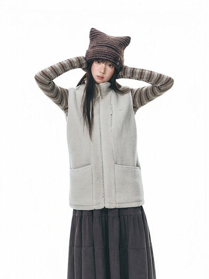 NAPSNAPS Light Gray Lambswool Patch Embroidered Stand Collar Women&