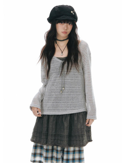 NAPSNAPS Light Gray Openwork V-neck Knit Women&