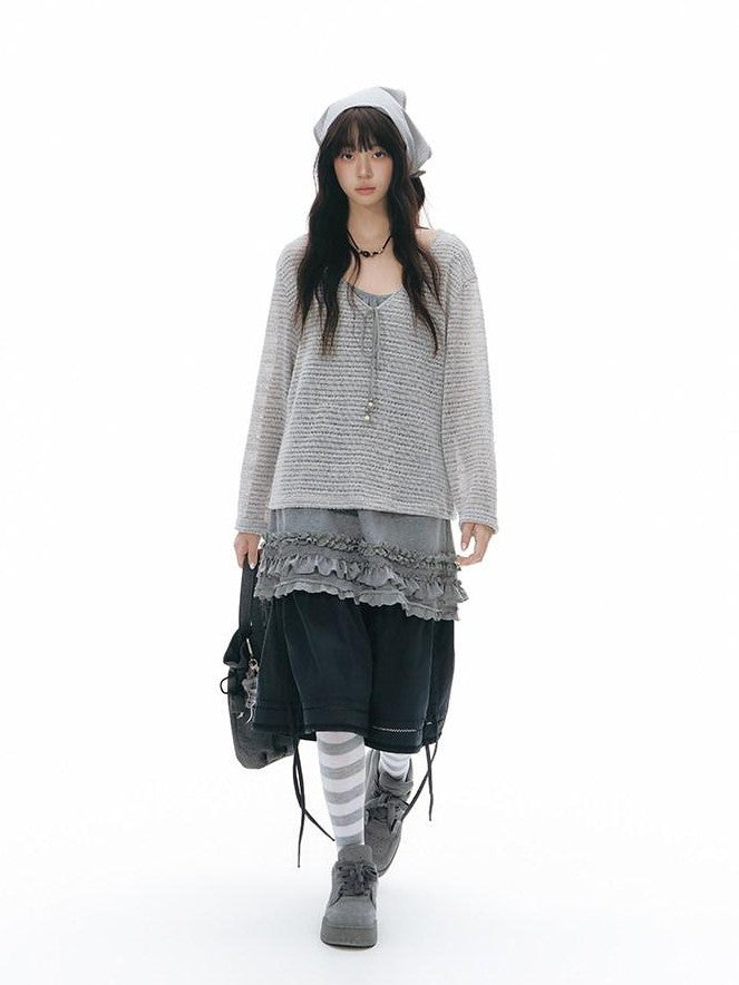 NAPSNAPS Light Gray Openwork V-neck Knit Women&