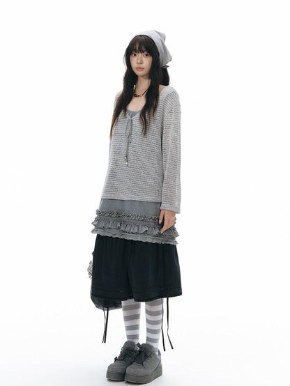 NAPSNAPS Light Gray Openwork V-neck Knit Women&