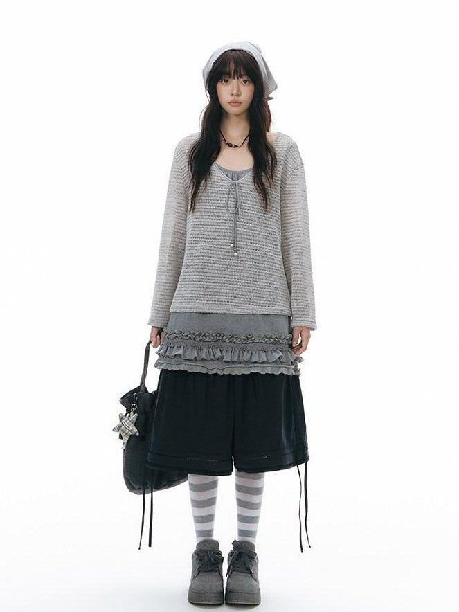 NAPSNAPS Light Gray Openwork V-neck Knit Women&
