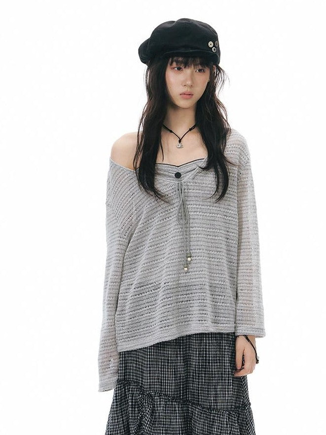 NAPSNAPS Light Gray Openwork V-neck Knit Women&