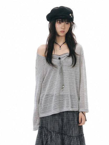 NAPSNAPS Light Gray Openwork V-neck Knit Women&