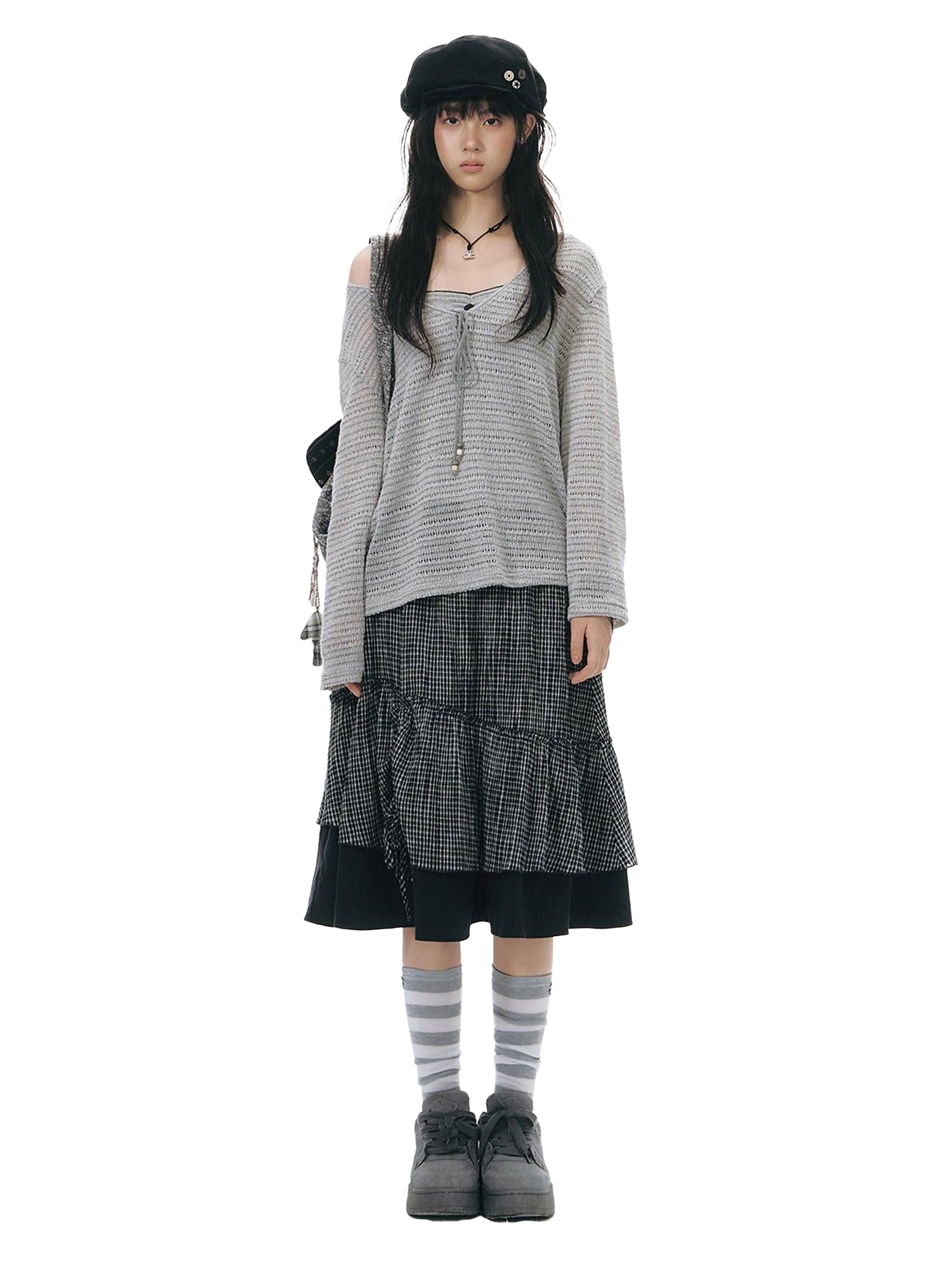 NAPSNAPS Light Gray Openwork V-neck Knit Women&
