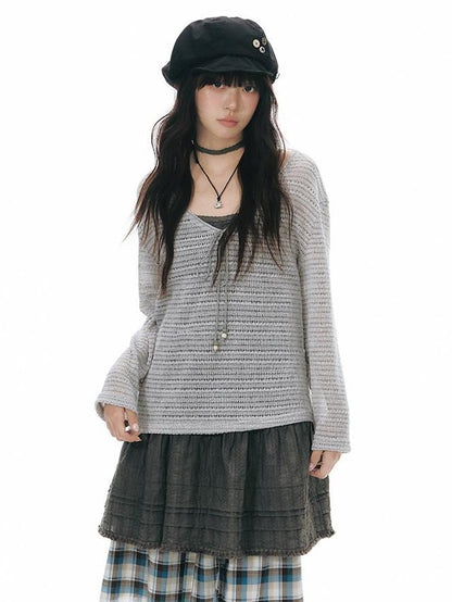 NAPSNAPS Light Gray Openwork V-neck Knit Women&
