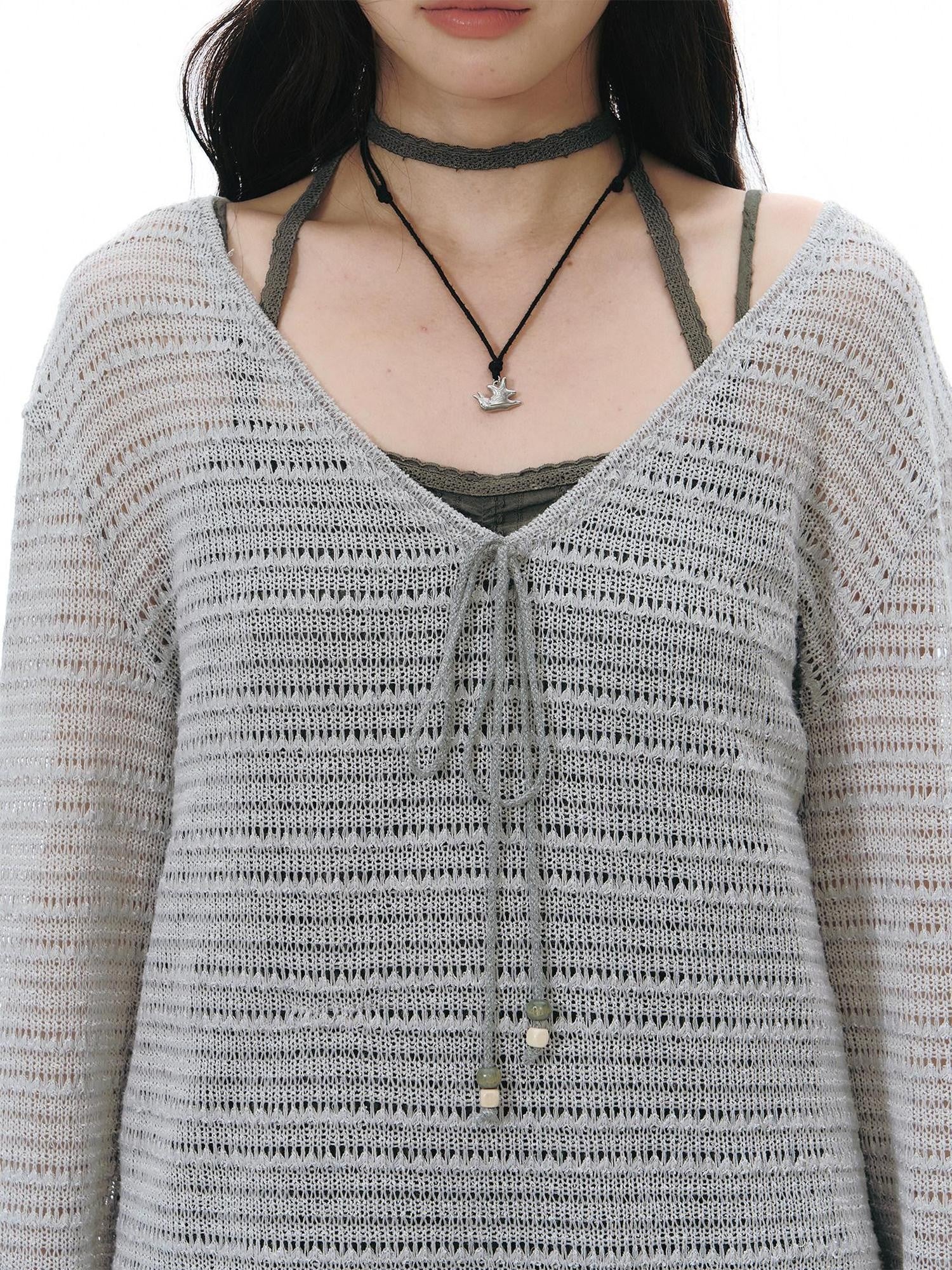 NAPSNAPS Light Gray Openwork V-neck Knit Women&