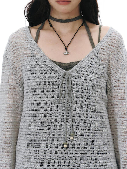 NAPSNAPS Light Gray Openwork V-neck Knit Women&