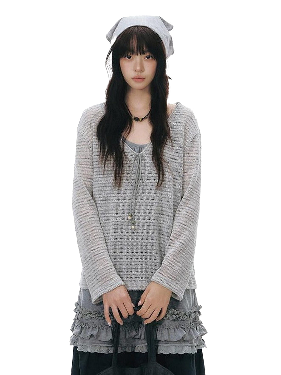 NAPSNAPS Light Gray Openwork V-neck Knit Women&