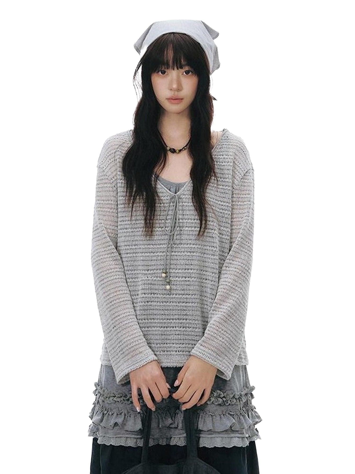 NAPSNAPS Light Gray Openwork V-neck Knit Women&
