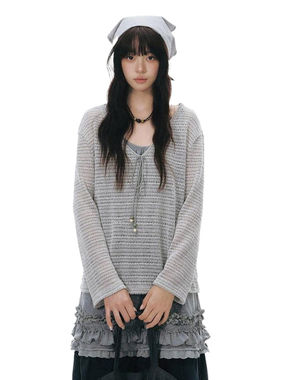 NAPSNAPS Light Gray Openwork V-neck Knit Women&