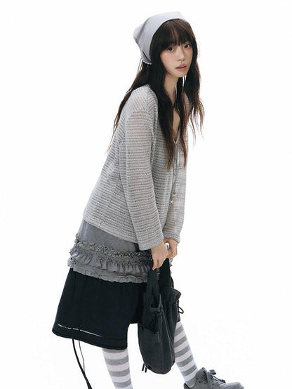 NAPSNAPS Light Gray Openwork V-neck Knit Women&