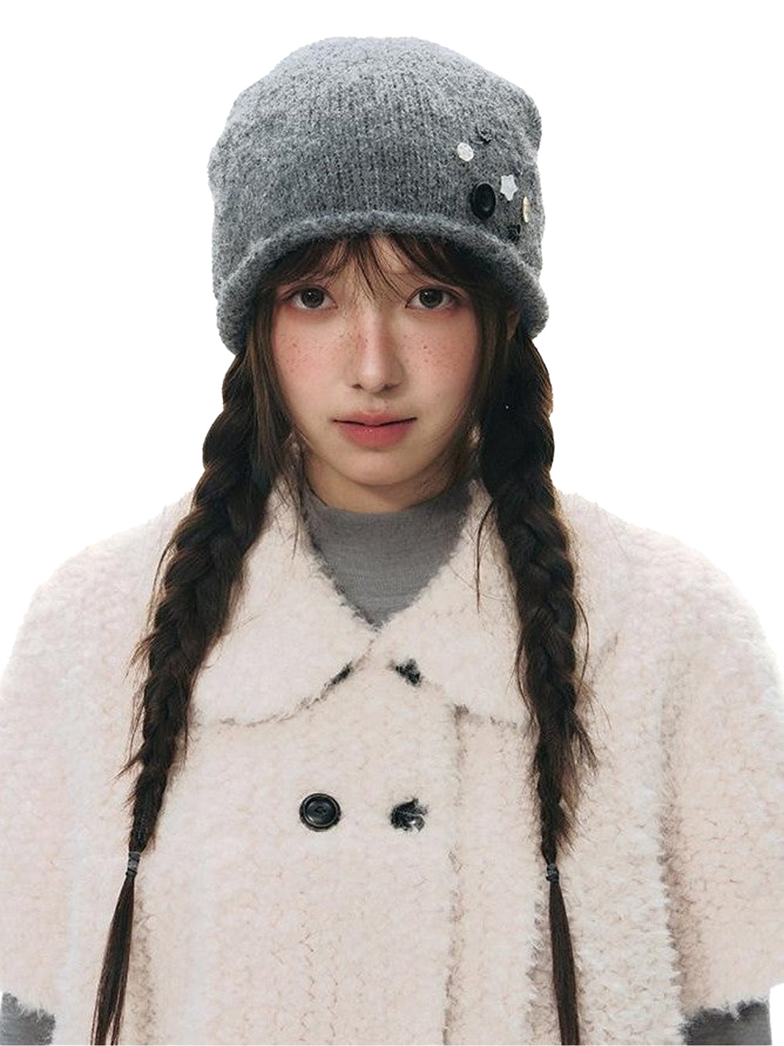 NAPSNAPS Light Gray Rolled Brim Handmade Button High Top Women&