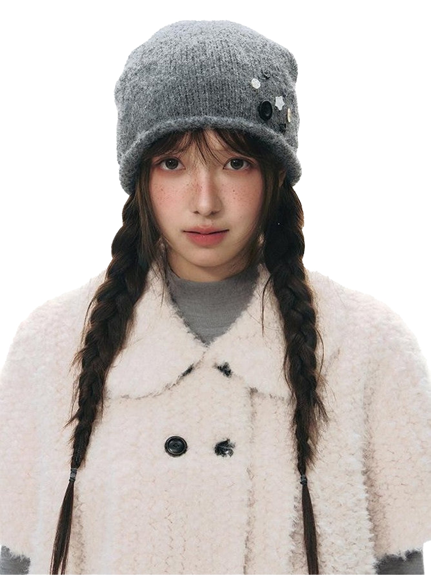 NAPSNAPS Light Gray Rolled Brim Handmade Button High Top Women&