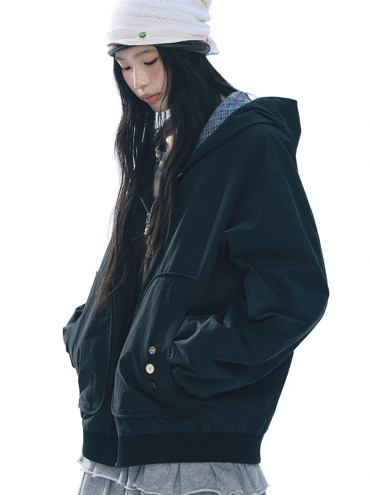 NAPSNAPS Lined Plaid Color Block Loose Fit Drop Shoulder Women&