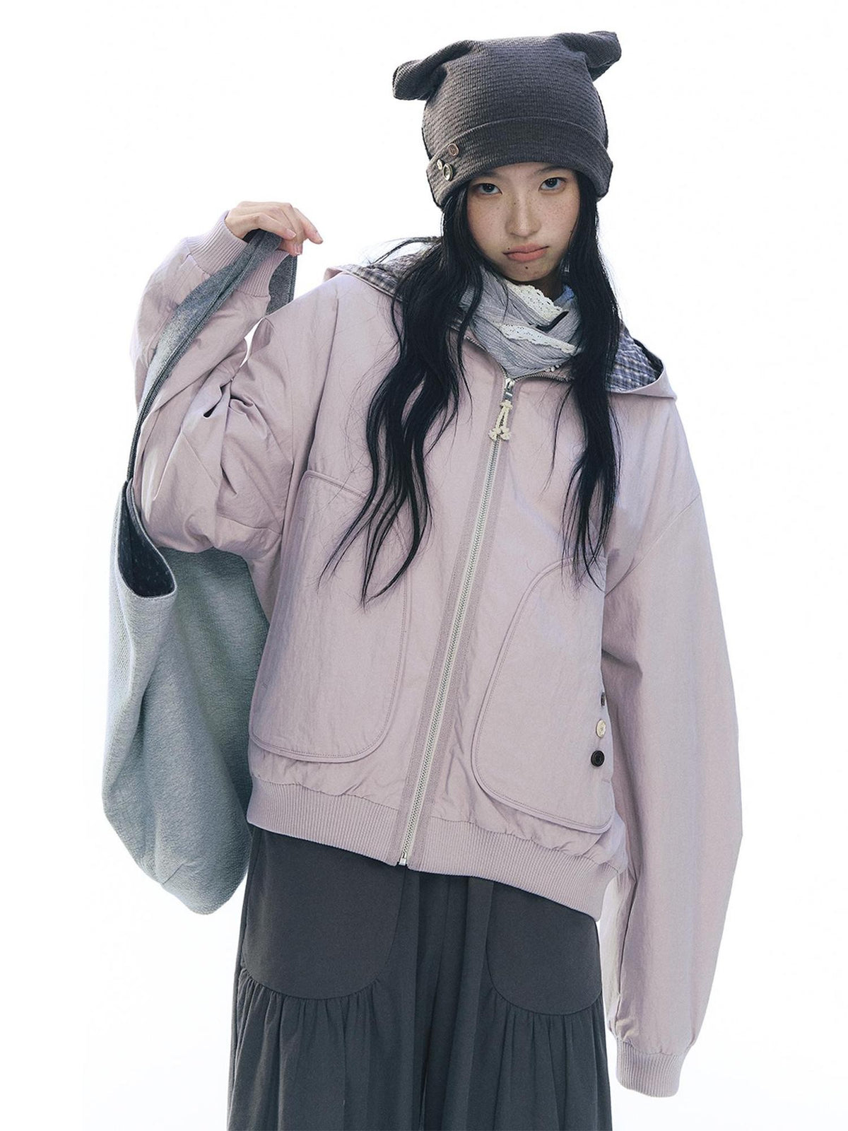 NAPSNAPS Lined Plaid Color Block Loose Fit Drop Shoulder Women&