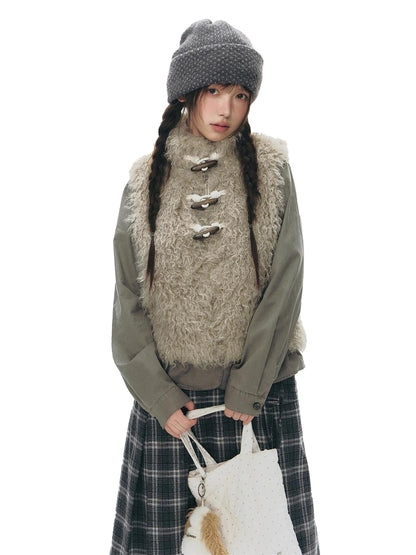 NAPSNAPS Long Pile Faux Fur Horn Toggle Stand Collar Short Women&