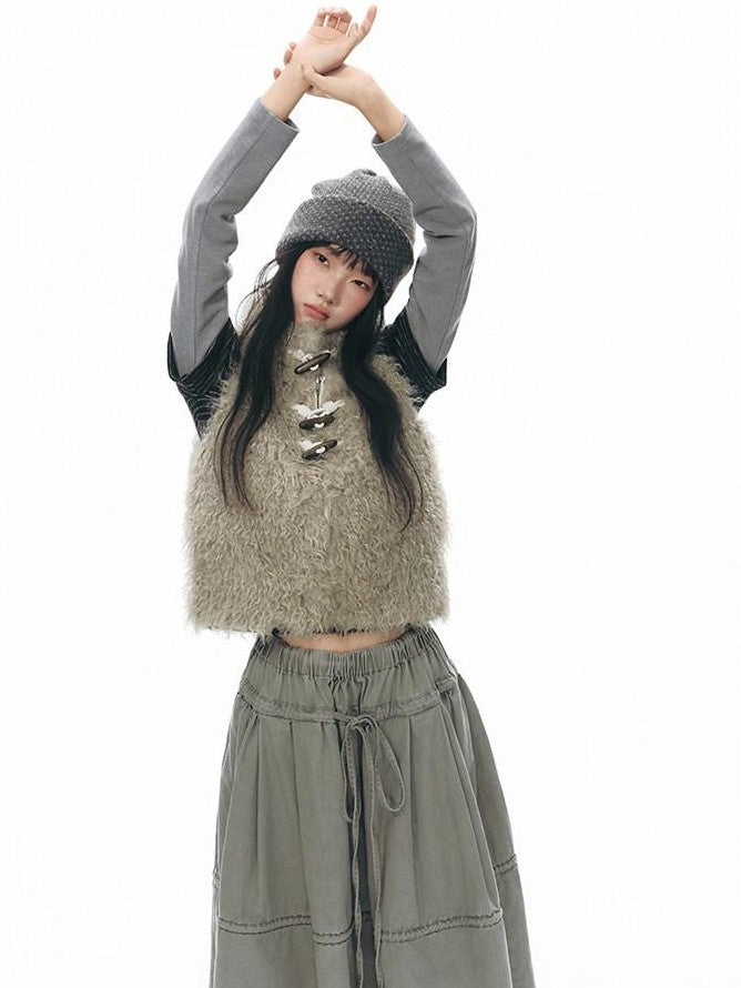 NAPSNAPS Long Pile Faux Fur Horn Toggle Stand Collar Short Women&