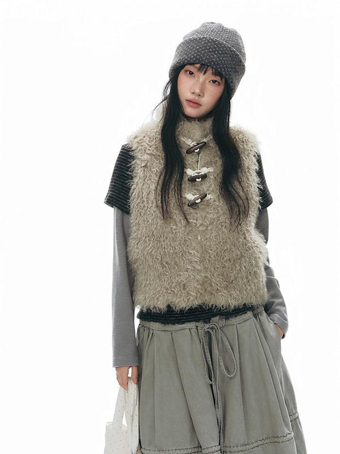 NAPSNAPS Long Pile Faux Fur Horn Toggle Stand Collar Short Women&