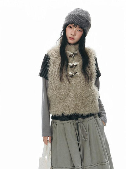 NAPSNAPS Long Pile Faux Fur Horn Toggle Stand Collar Short Women&