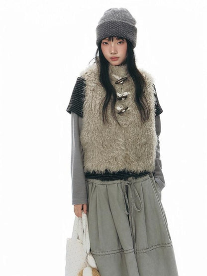 NAPSNAPS Long Pile Faux Fur Horn Toggle Stand Collar Short Women&