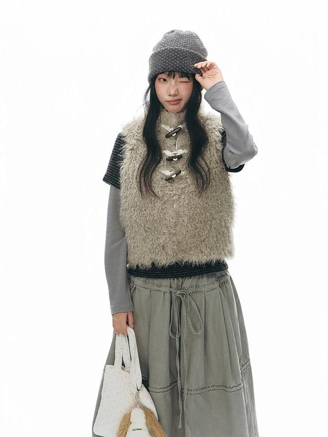 NAPSNAPS Long Pile Faux Fur Horn Toggle Stand Collar Short Women&