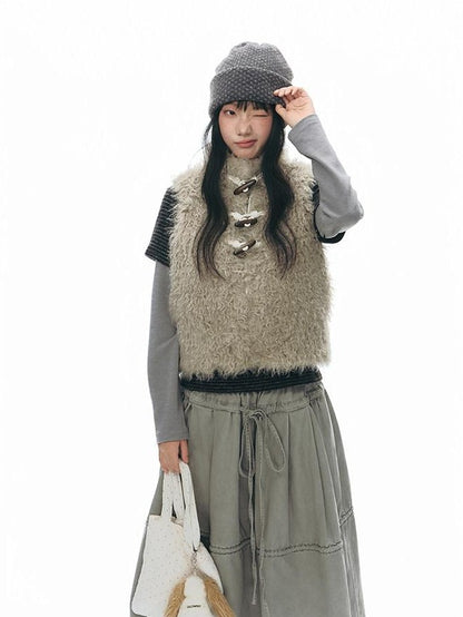 NAPSNAPS Long Pile Faux Fur Horn Toggle Stand Collar Short Women&