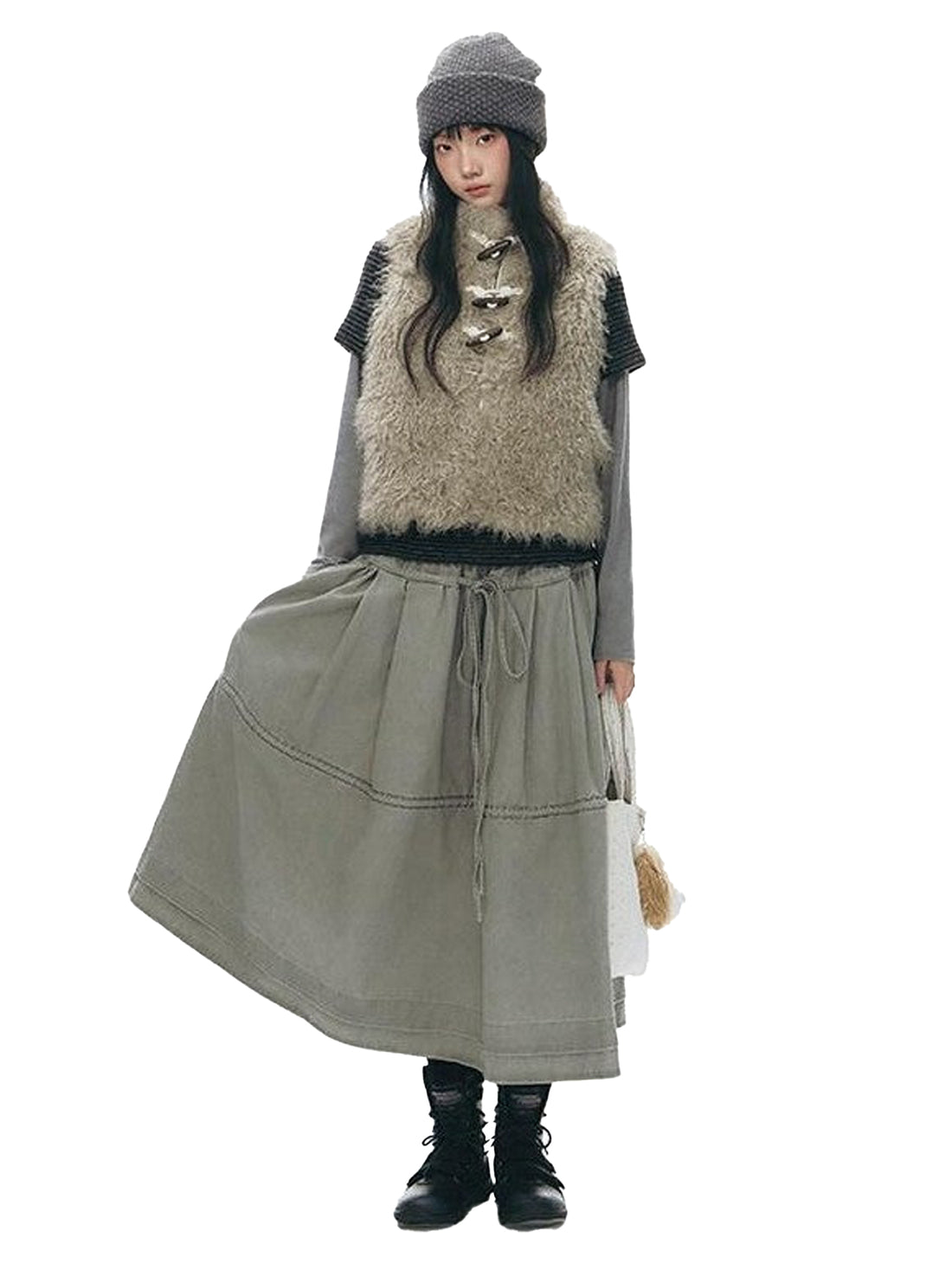 NAPSNAPS Long Pile Faux Fur Horn Toggle Stand Collar Short Women&