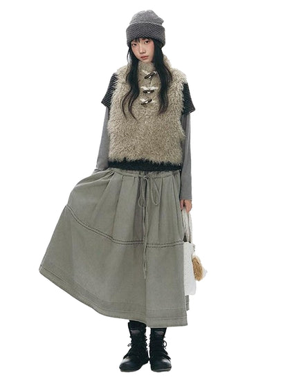 NAPSNAPS Long Pile Faux Fur Horn Toggle Stand Collar Short Women&