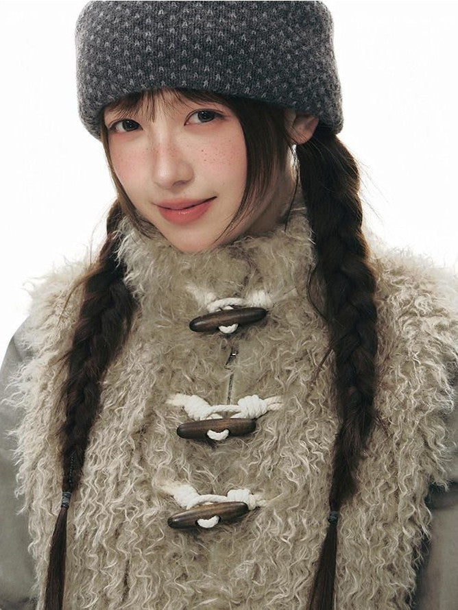 NAPSNAPS Long Pile Faux Fur Horn Toggle Stand Collar Short Women&