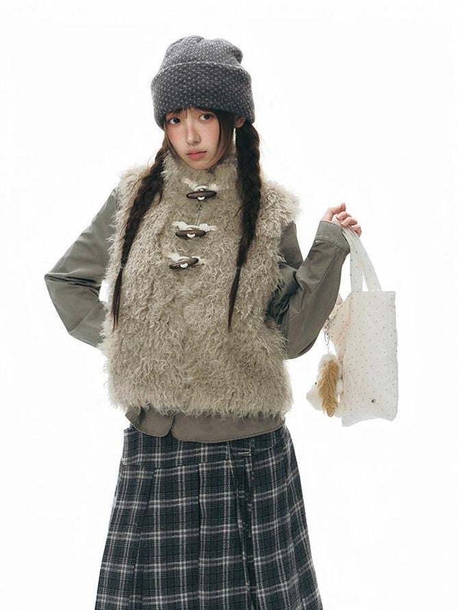 NAPSNAPS Long Pile Faux Fur Horn Toggle Stand Collar Short Women&